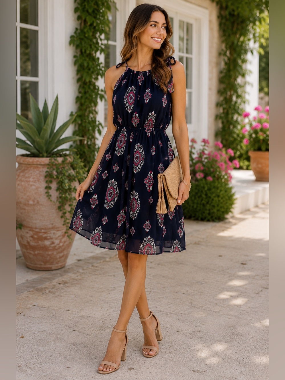 Papermoon Navy Medallion Chiffon Dress Small Resort Vacation Midi